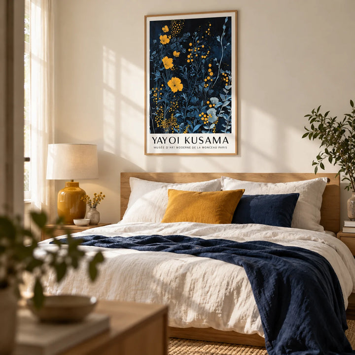 Orange and Blue Wall Art, framed on the wall of a calm bedroom with a soft cream wall