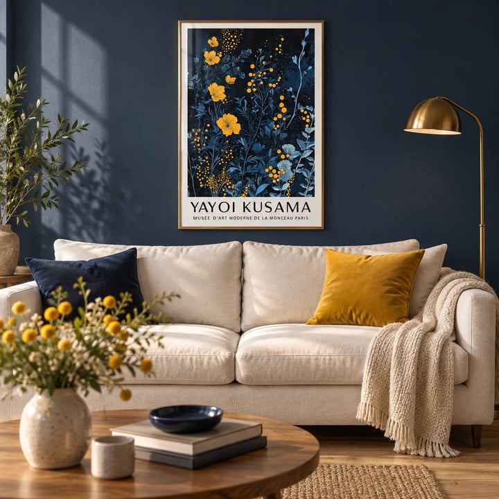 Orange and Blue Wall Art, framed on the wall of a calm modern living room with a deep navy painted wall and an oak floor
