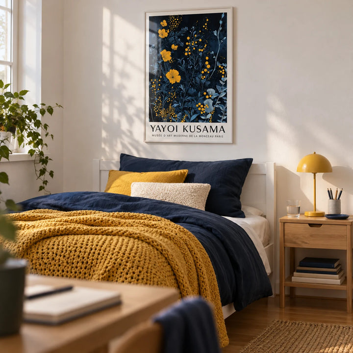 Orange and Blue Wall Art, framed on the wall of a calm single bedroom for a teen (13-17) with a white wall