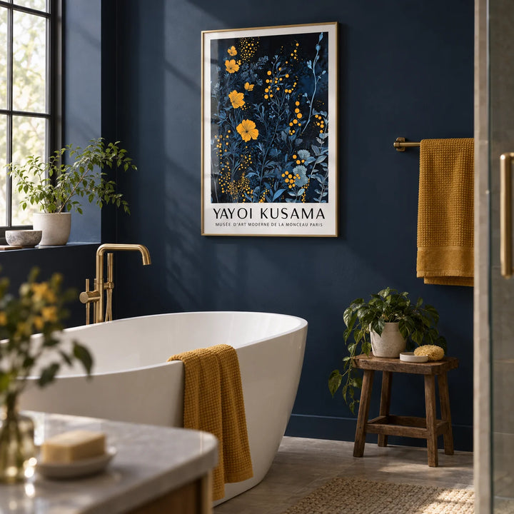Orange and Blue Wall Art, framed on the wall of a smart bathroom with a navy painted wall and a white freestanding bath