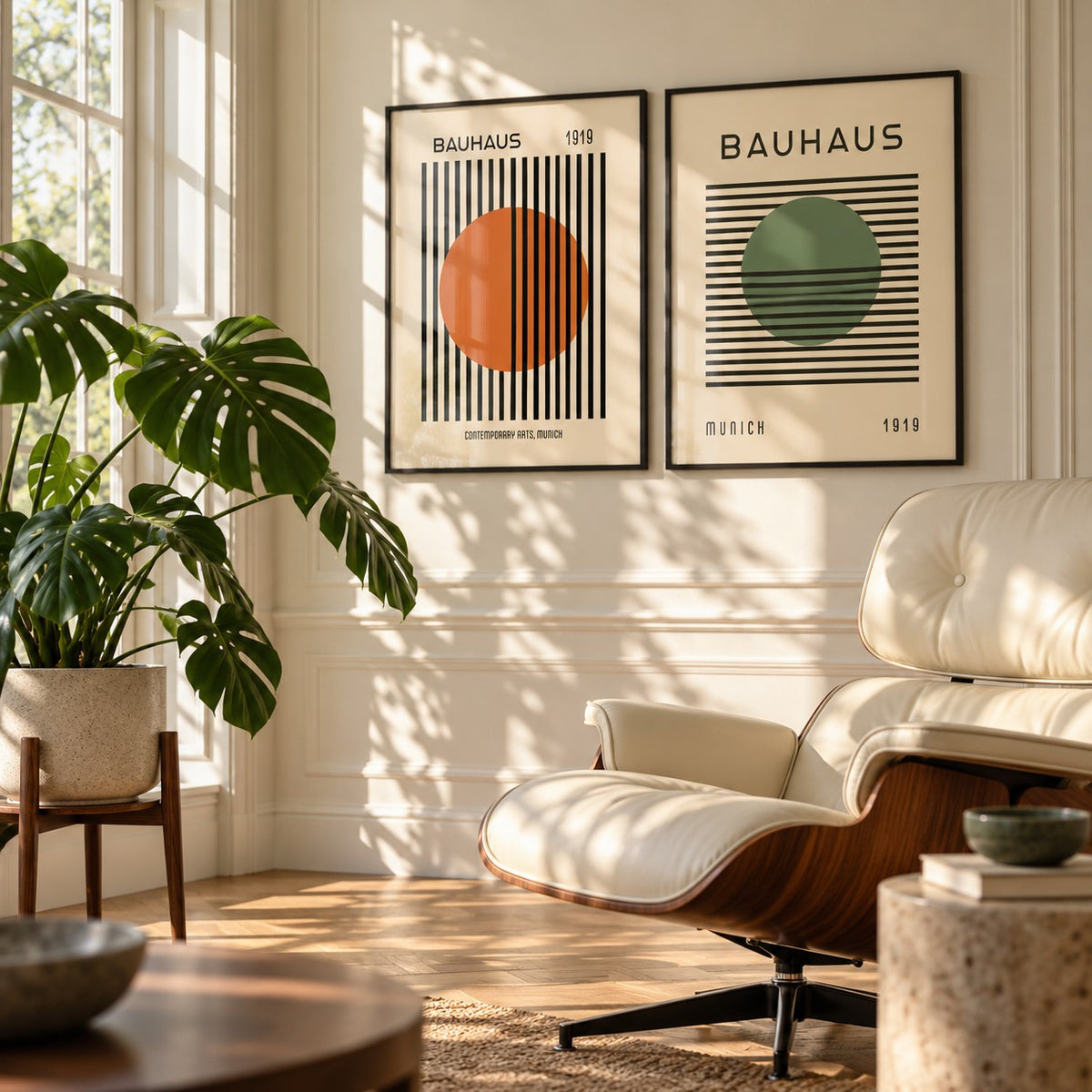 Orange and Green Wall Art Set of 2 styled on a sunlit wall beside a cream leather lounge chair and a monstera: Striped Sun and Modern Orb shown framed side by side (frames not included)