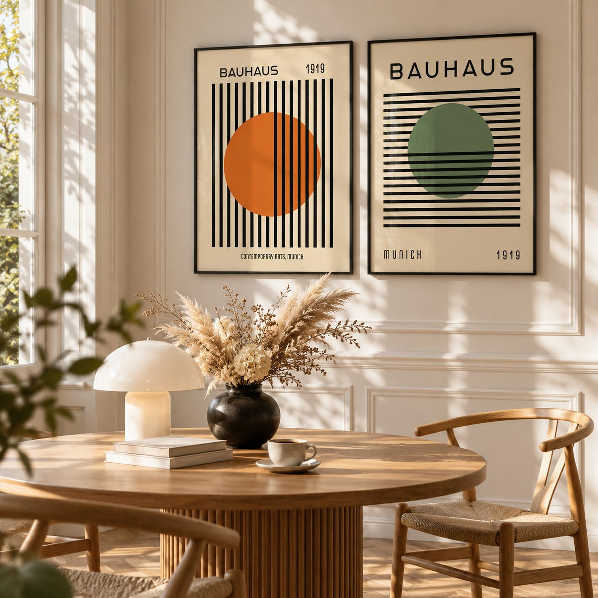 Orange and Green Wall Art Set of 2 styled above a round fluted oak dining table with a mushroom lamp: Striped Sun and Modern Orb shown framed side by side (frames not included)