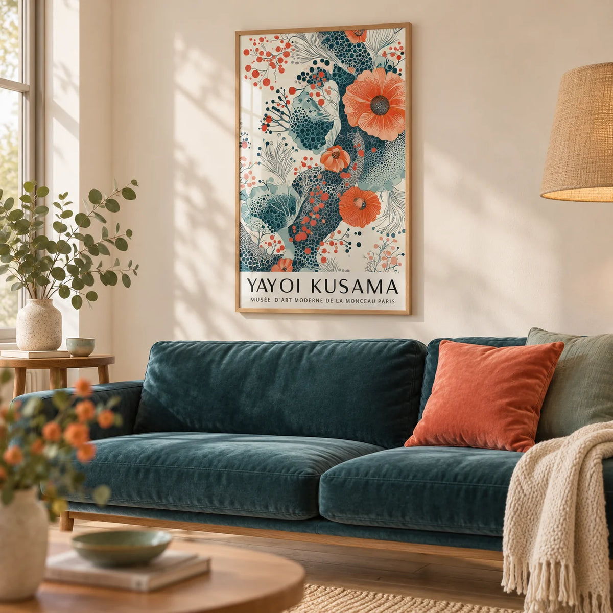 Orange and Teal Decor, framed on the wall of a bright living room with a warm cream wall and a pale oak floor