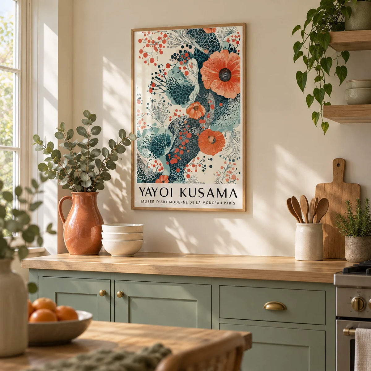Orange and Teal Decor, framed on the wall of a calm cream kitchen with sage green painted cabinets and a pale oak worktop