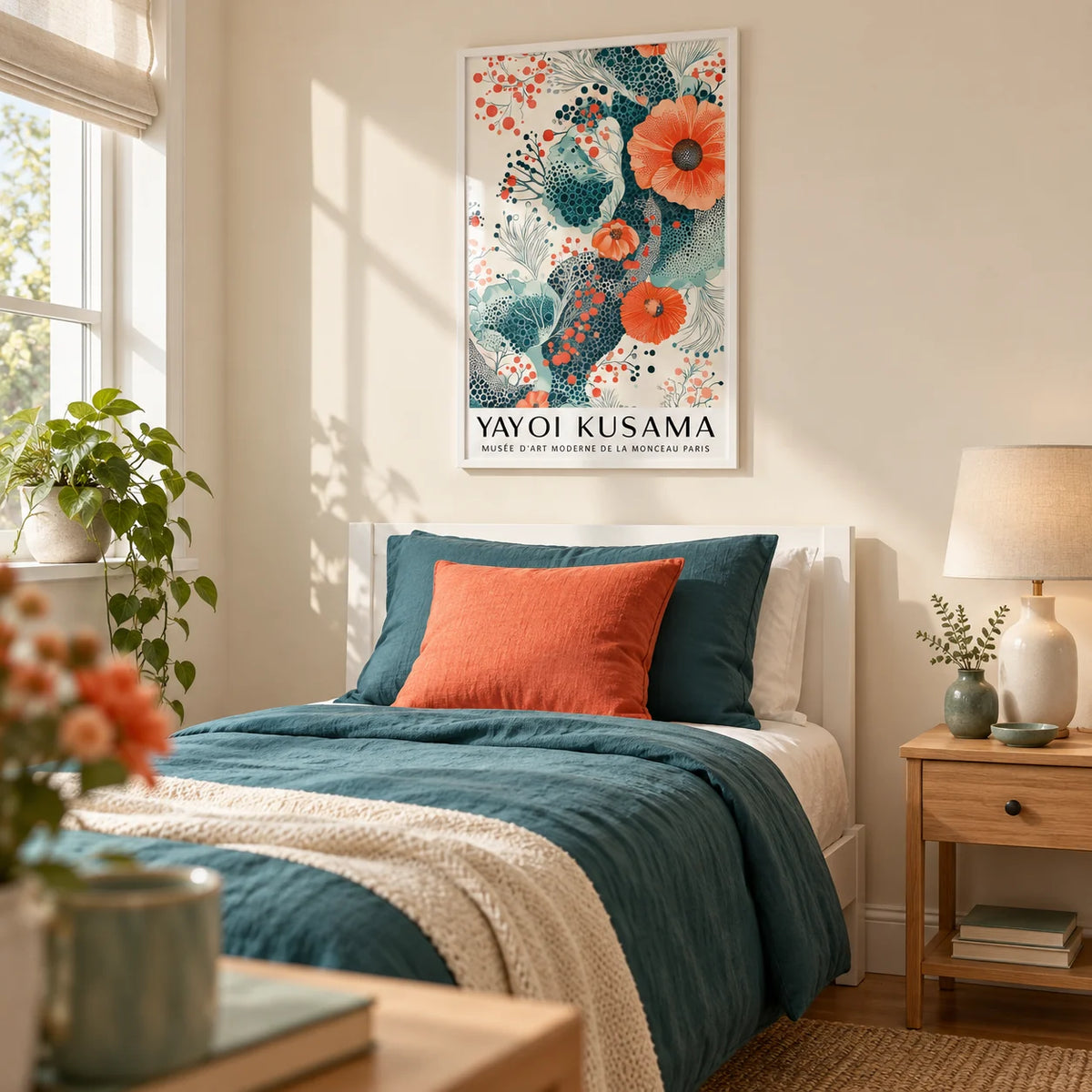 Orange and Teal Decor, framed on the wall of a fresh single guest bedroom with a cream wall