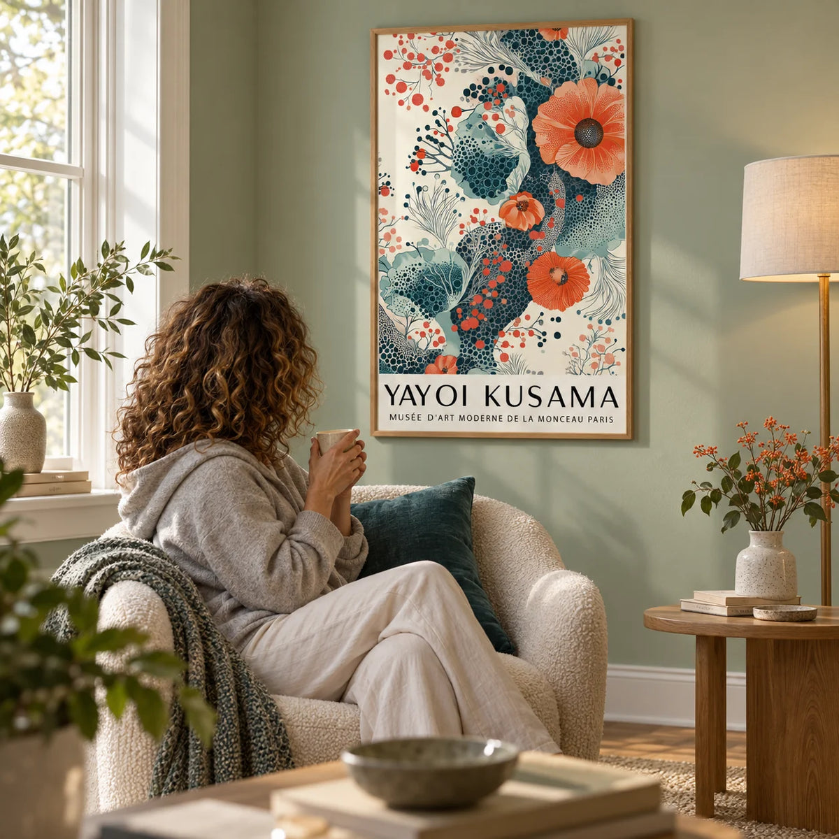 Orange and Teal Decor, framed on the wall of a reading corner with a soft sage green wall in a living room