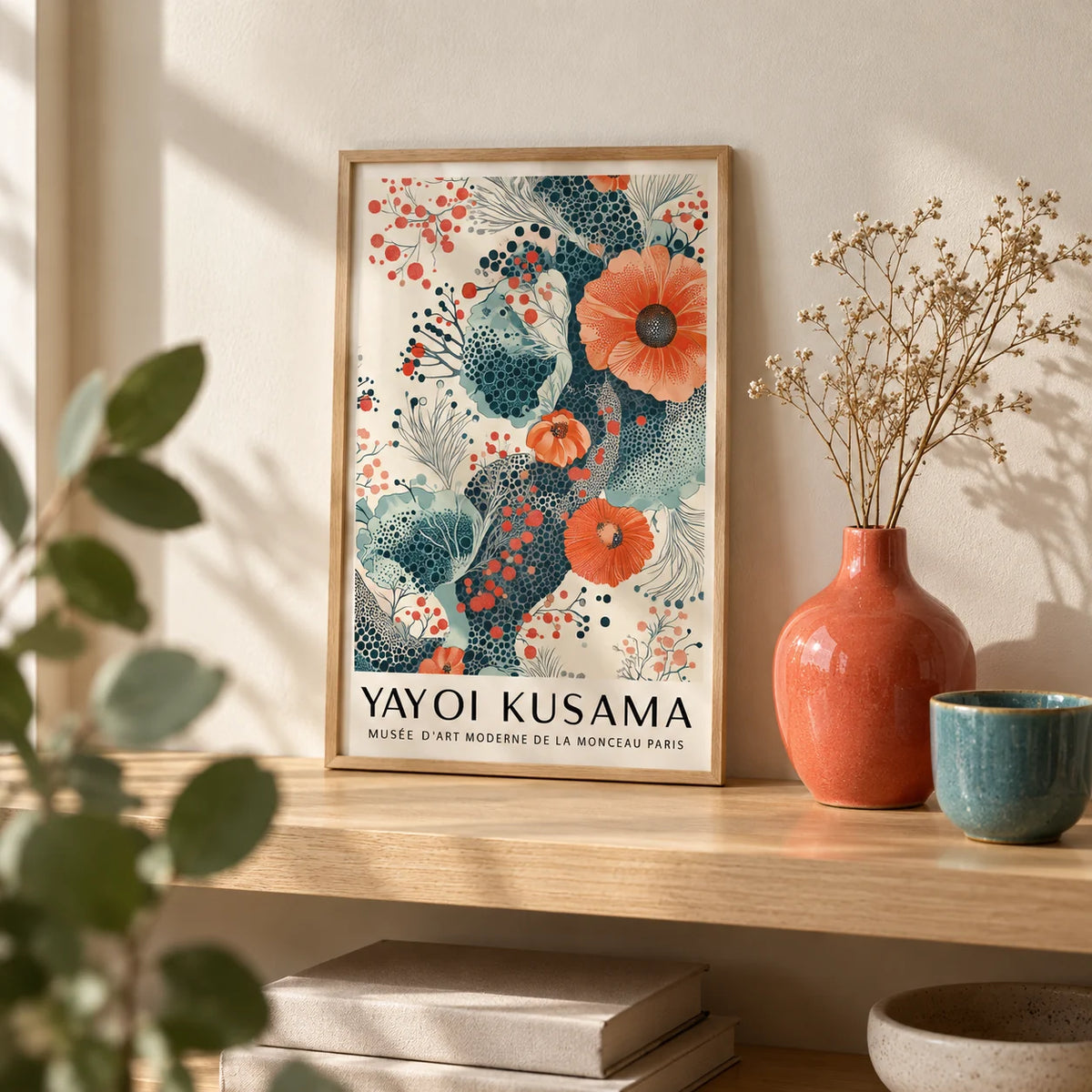 Orange and Teal Decor, a small A4 framed print leaning on a pale oak shelf in a living room