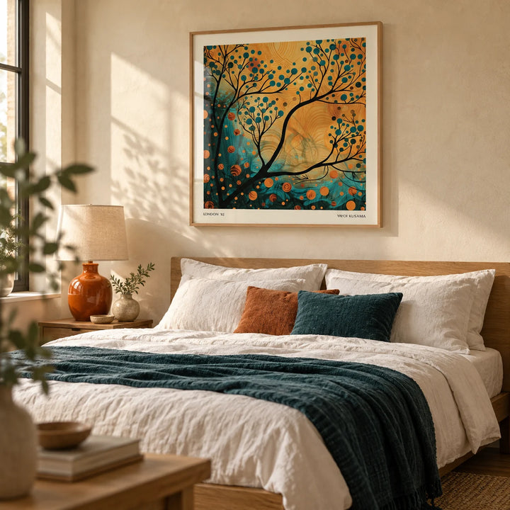 Orange and Teal Wall Art, framed on the wall of a calm bedroom with a warm cream limewashed wall