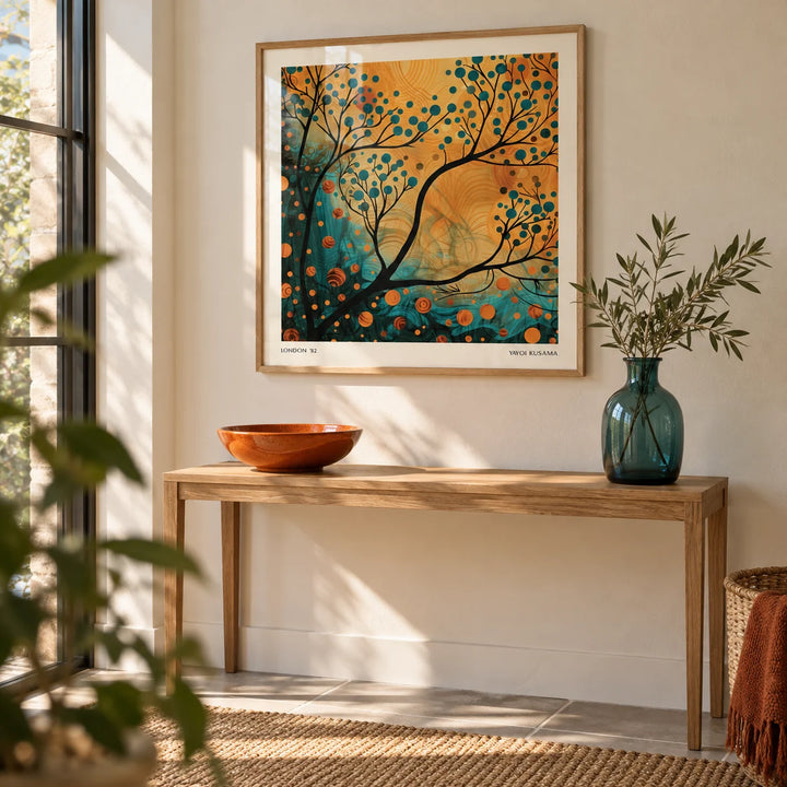 Orange and Teal Wall Art, framed on the wall of a calm entrance hall with a cream wall
