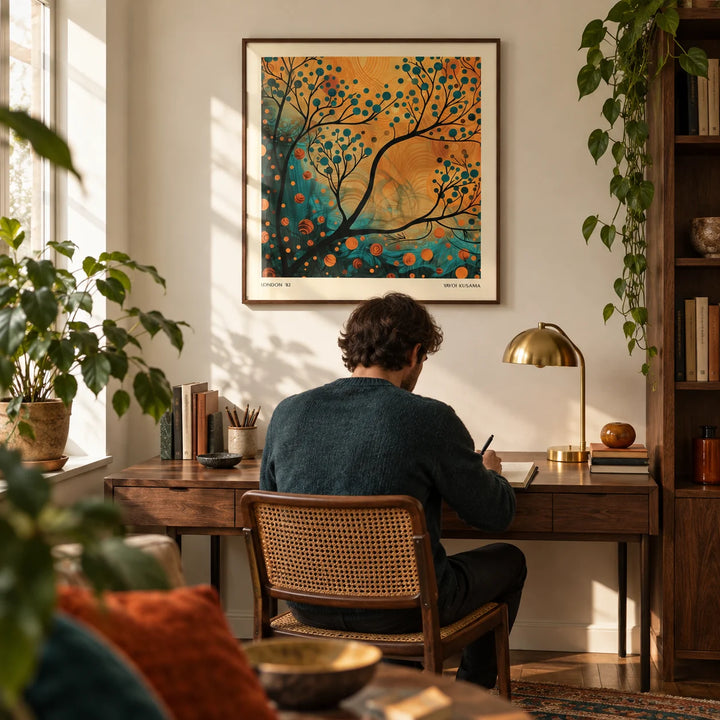 Orange and Teal Wall Art, framed on the wall of a characterful home study with a warm white wall