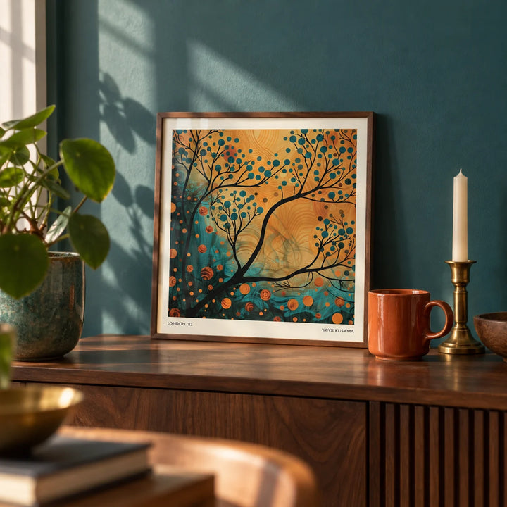 Orange and Teal Wall Art, a small A4 framed print leaning on a walnut shelf in a living room