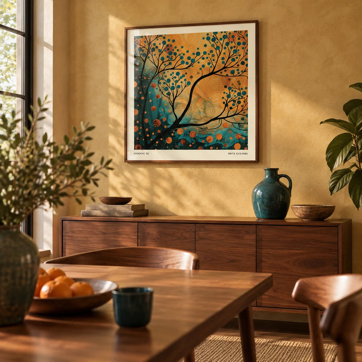 Orange and Teal Wall Art, framed on the wall of a warm dining room with a soft gold limewashed wall