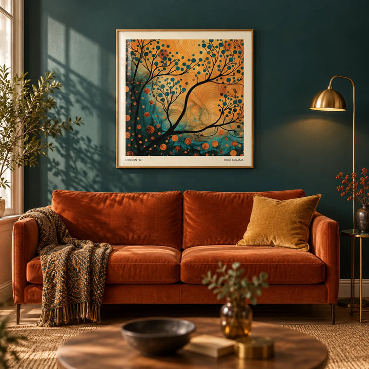 Orange and Teal Wall Art, framed on the wall of a warm living room with a deep teal painted wall and an oak floor