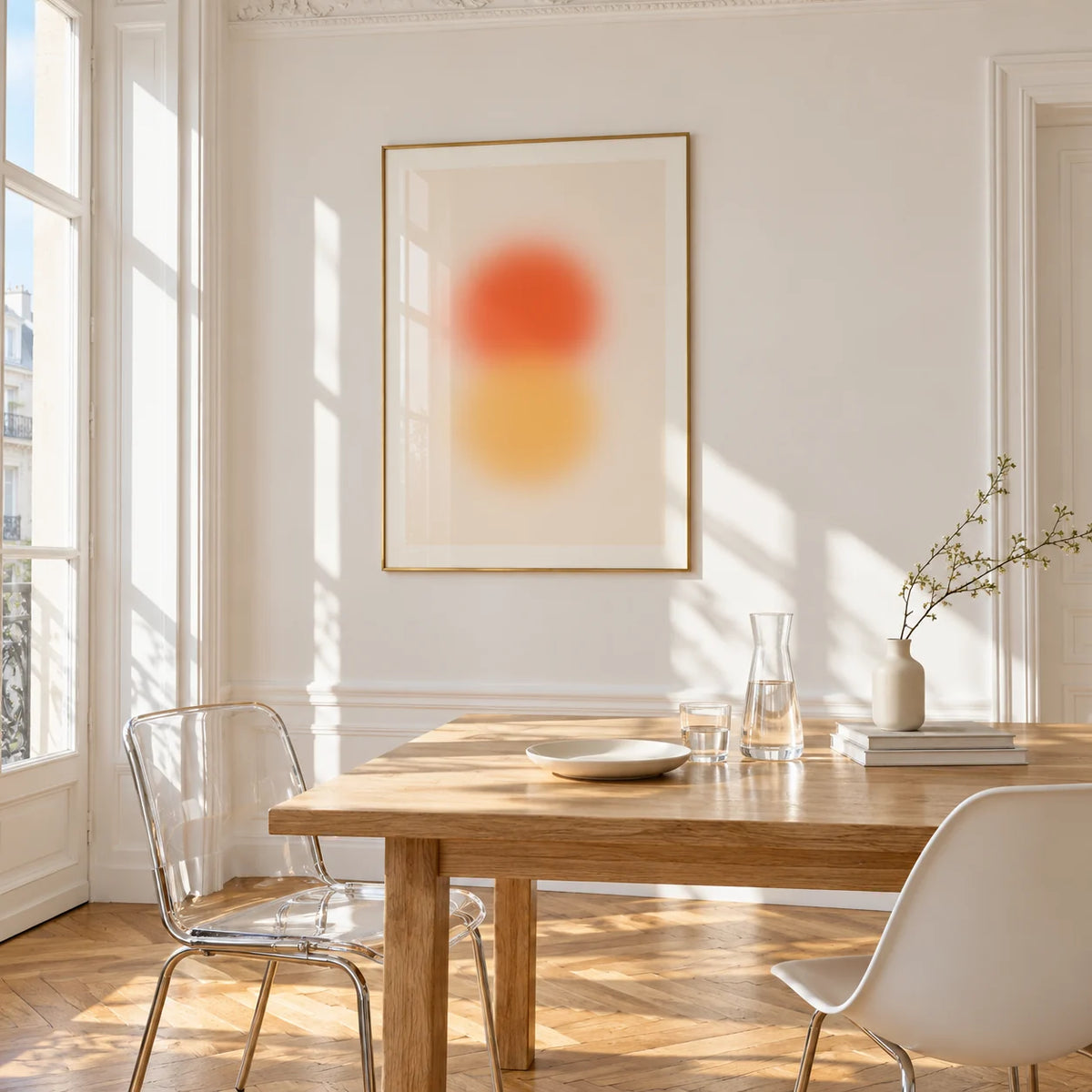 Orange and Yellow Wall Art, framed on the wall of a bright dining corner
