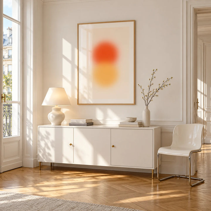 Orange and Yellow Wall Art, framed on the wall of a bright Paris style apartment in a living room