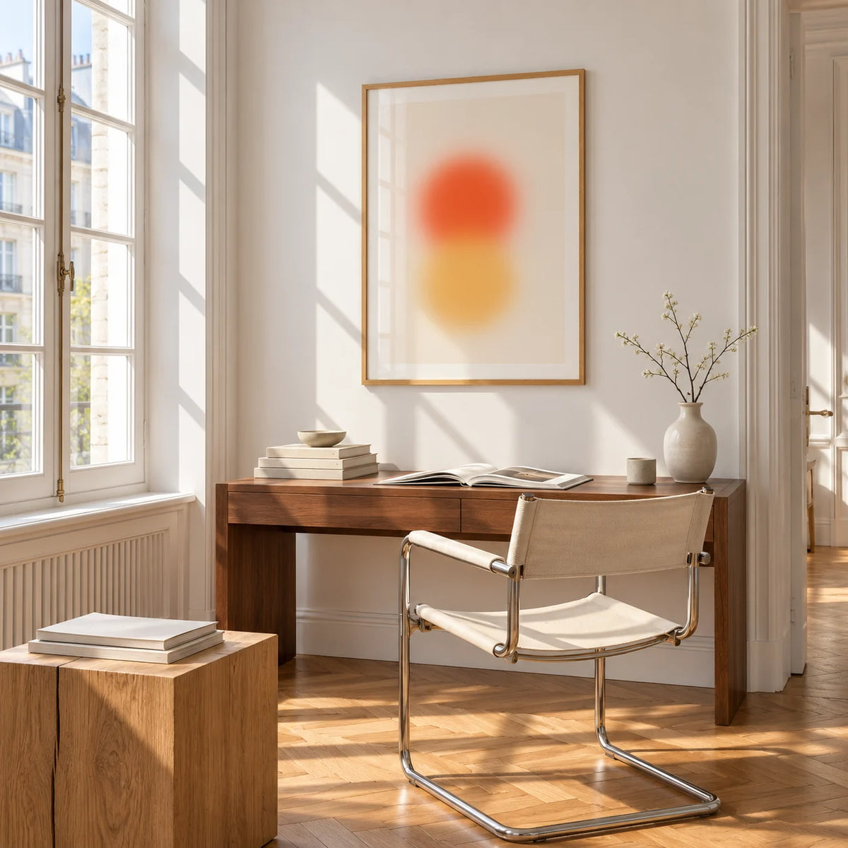 Orange and Yellow Wall Art, framed on the wall of a bright study corner with a tall white paned window