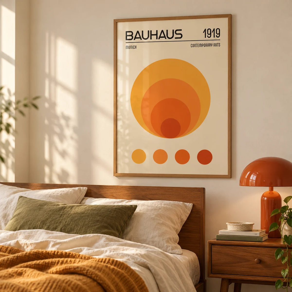 Orange Bauhaus Poster, framed on the wall of a calm mid-century bedroom
