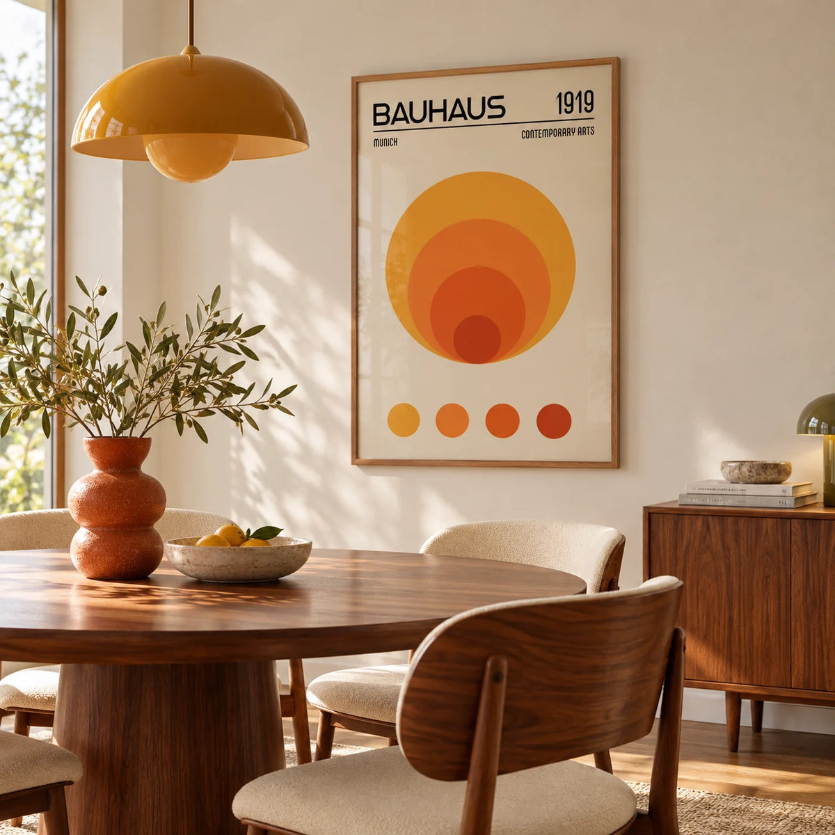 Orange Bauhaus Poster, framed on the wall of a mid-century dining room