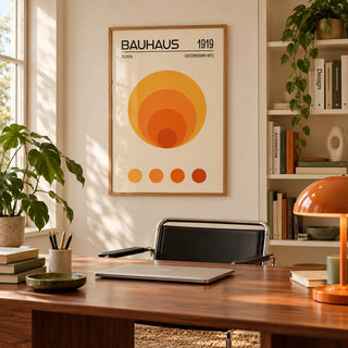 Orange Bauhaus Poster, framed on the wall of a mid-century home office