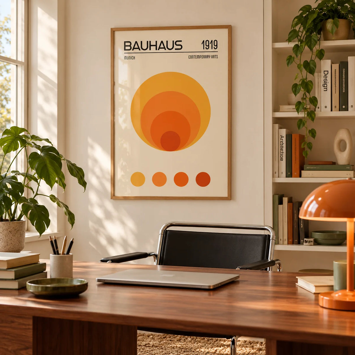Orange Bauhaus Poster, framed on the wall of a mid-century home office