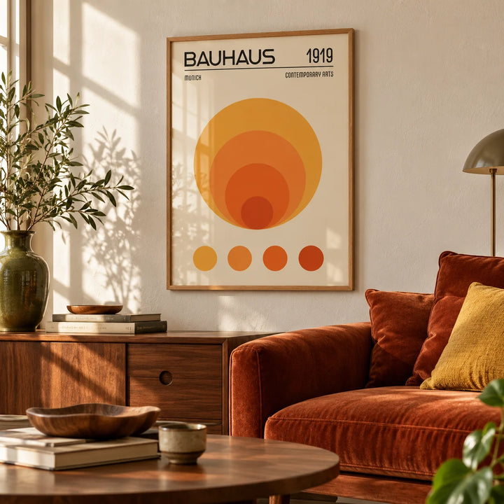 Orange Bauhaus Poster, framed on the wall of a mid-century living room