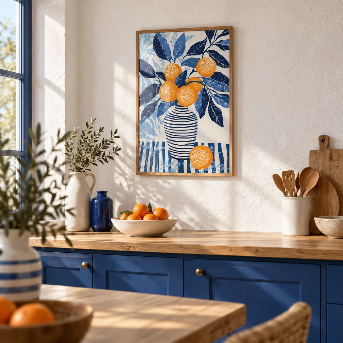 Orange Blue Wall Art, framed on the wall of a Mediterranean-modern kitchen