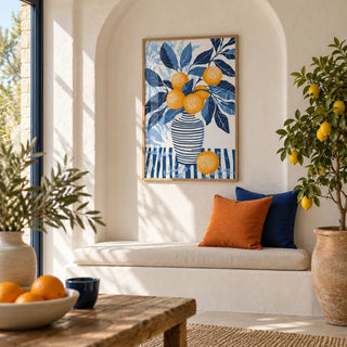 Orange Blue Wall Art, framed on the wall of a Mediterranean-modern living room