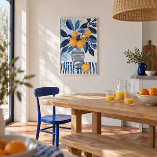Orange Blue Wall Art, framed on the wall of a open kitchen-diner with a terracotta floor