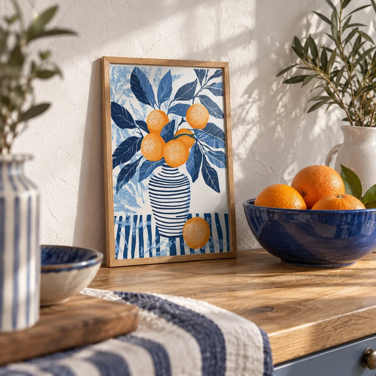 Orange Blue Wall Art, a small A4 framed print leaning on an oak worktop in a kitchen