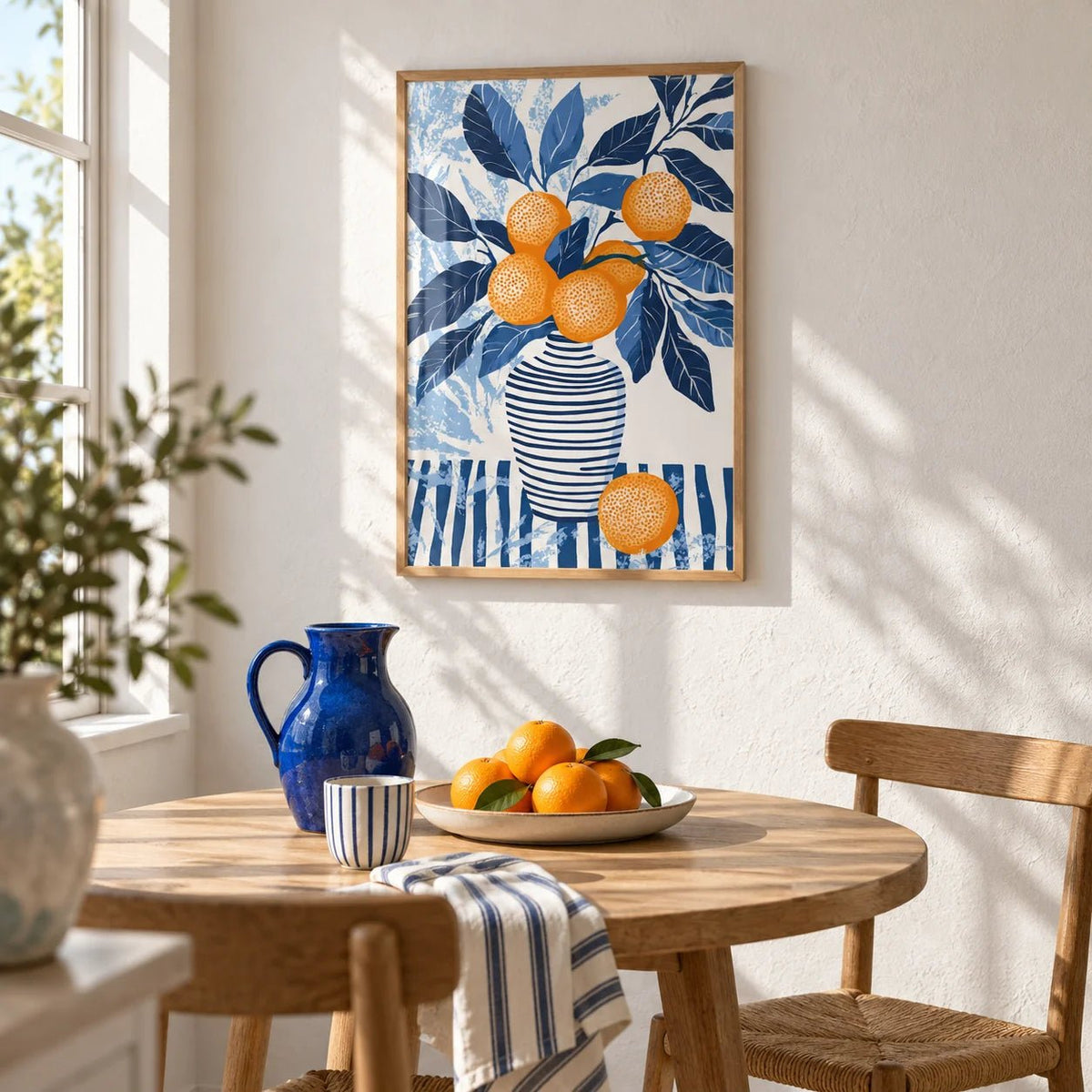 Orange Blue Wall Art, framed on the wall of a sunny breakfast corner in a kitchen