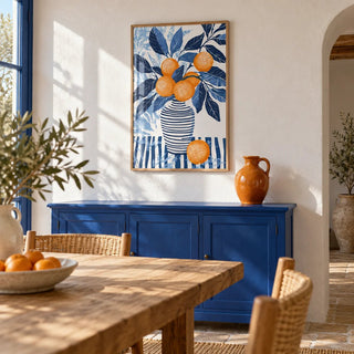 Orange Blue Wall Art, framed on the wall of a sunny Mediterranean dining room