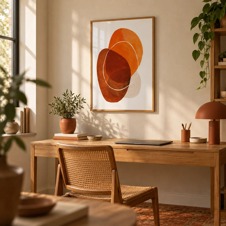 Orange Boho Art Print, framed on the wall of a warm home office