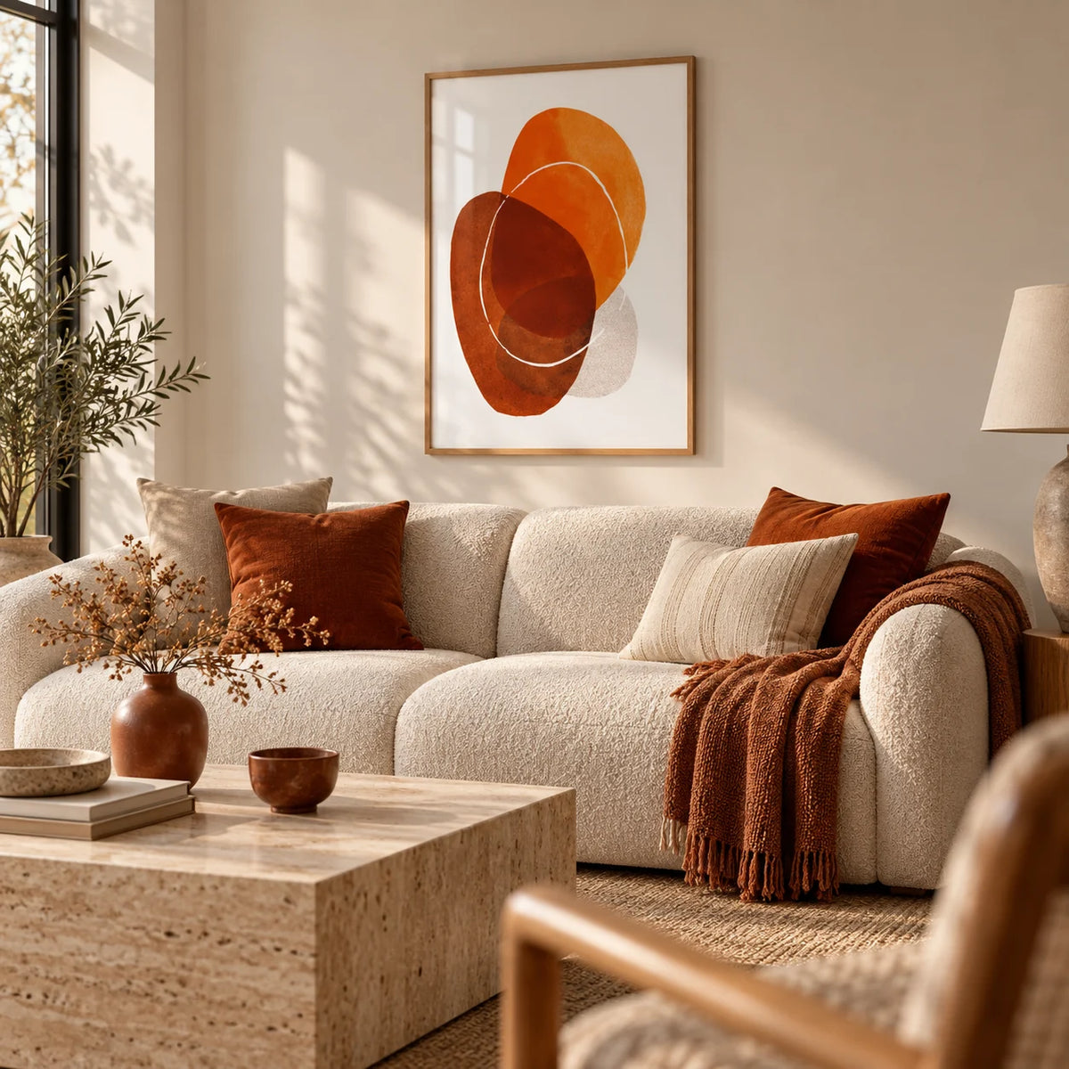 Orange Boho Art Print, framed on the wall of a warm neutral living room