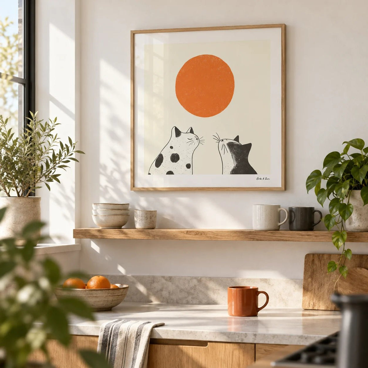 Orange Cat Art, framed on the wall of a bright kitchen corner