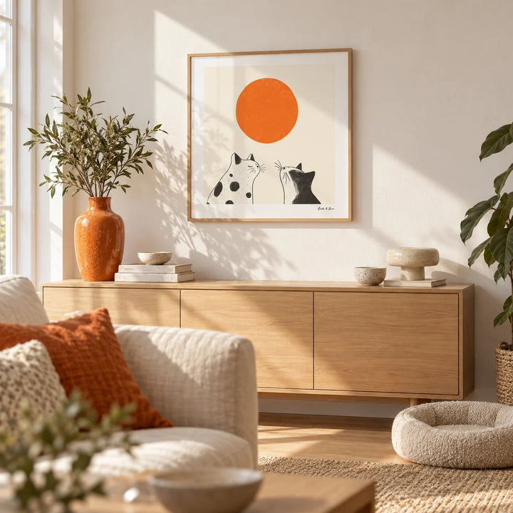 Orange Cat Art, framed on the wall of a bright Scandinavian living room