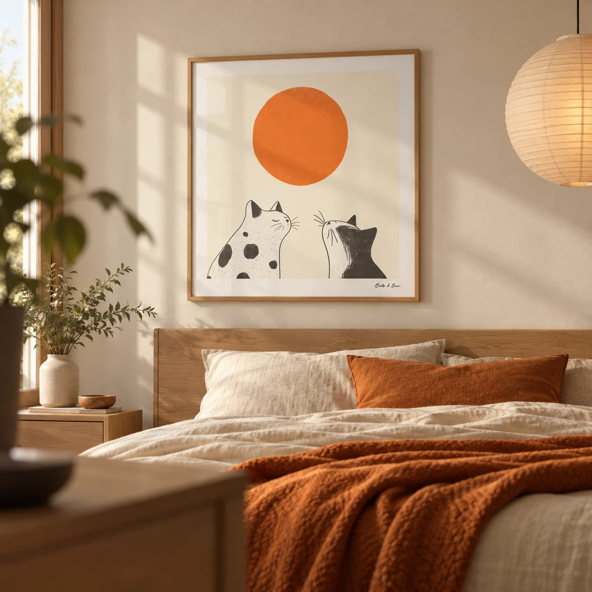 Orange Cat Art, framed on the wall of a calm bedroom
