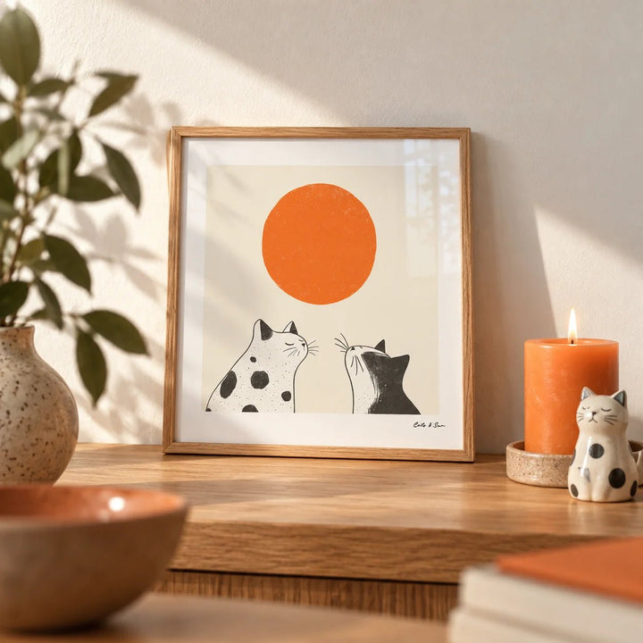 Orange Cat Art, a small A4 framed print leaning on an oak shelf in a living room