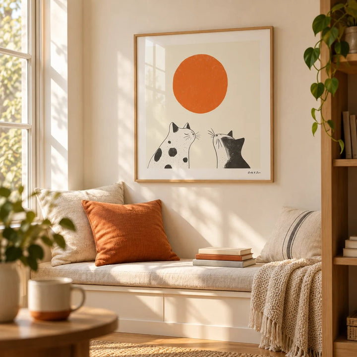Orange Cat Art, framed on the wall of a sunny reading nook in a living room