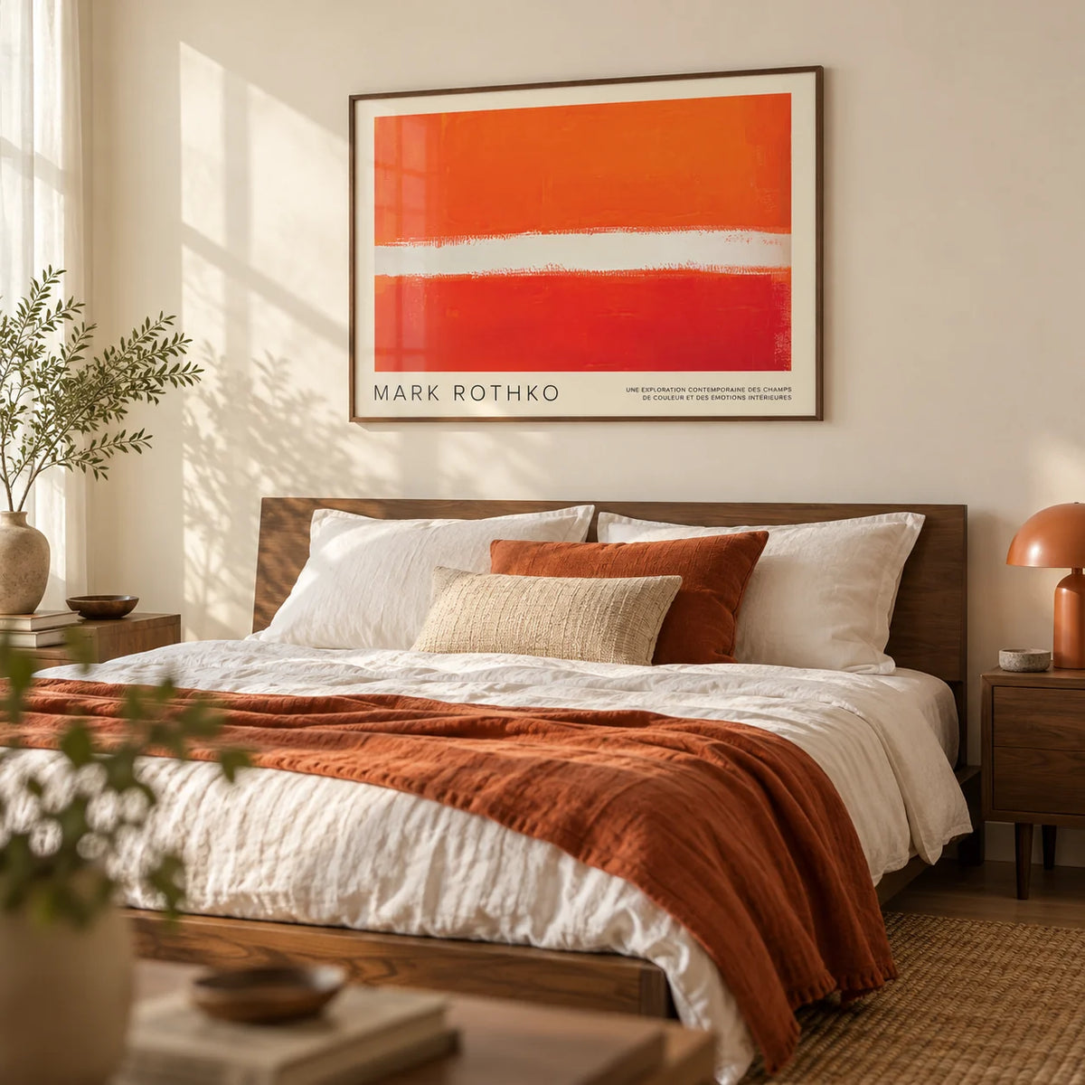 Orange Color Wall Art, framed on the wall of a calm modern bedroom with a cream wall