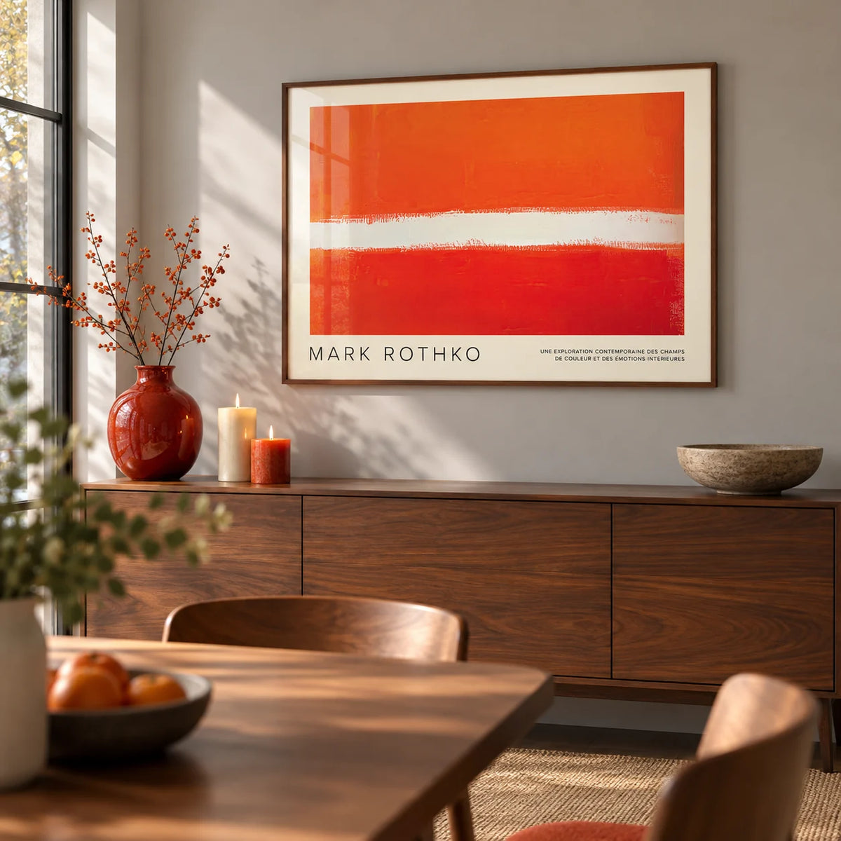 Orange Color Wall Art, framed on the wall of a modern dining room with a soft grey wall
