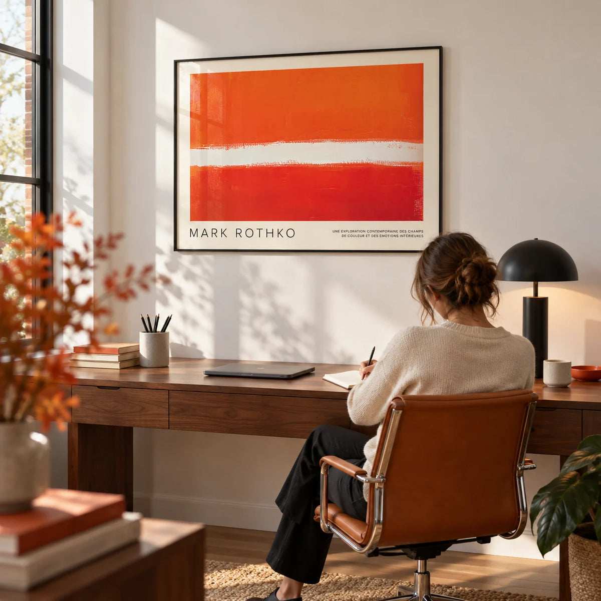 Orange Color Wall Art, framed on the wall of a modern home office with a white wall