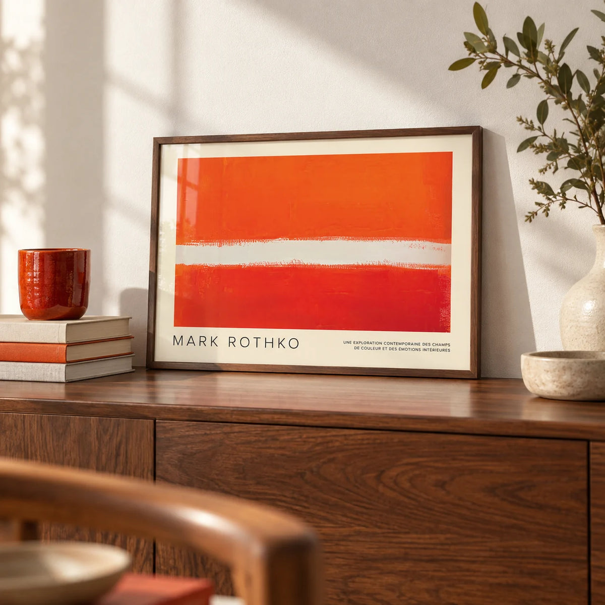 Orange Color Wall Art, a small A4 framed print leaning on a walnut sideboard in a living room