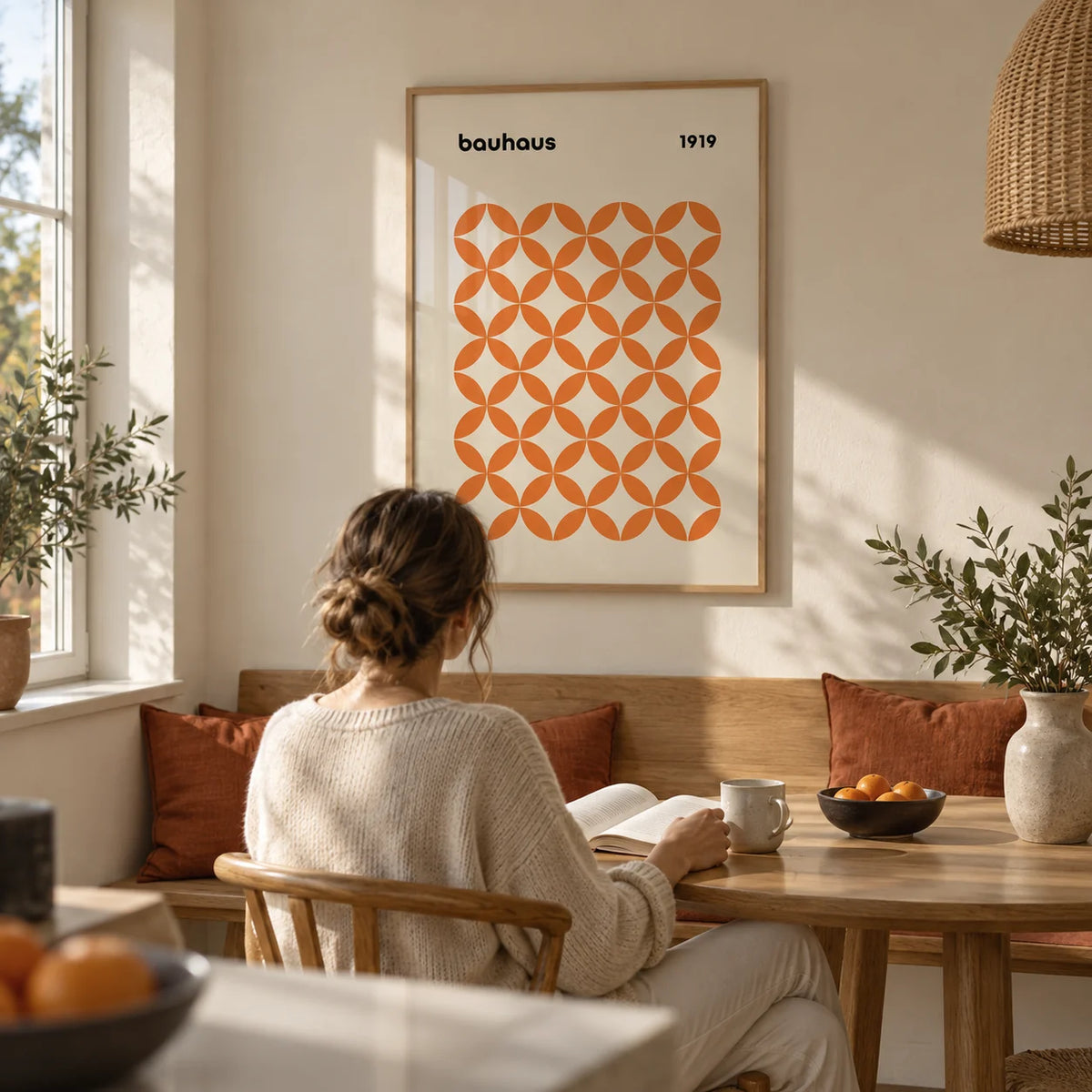 Orange Minimalist Print, framed on the wall of a breakfast nook with a cream wall in a kitchen