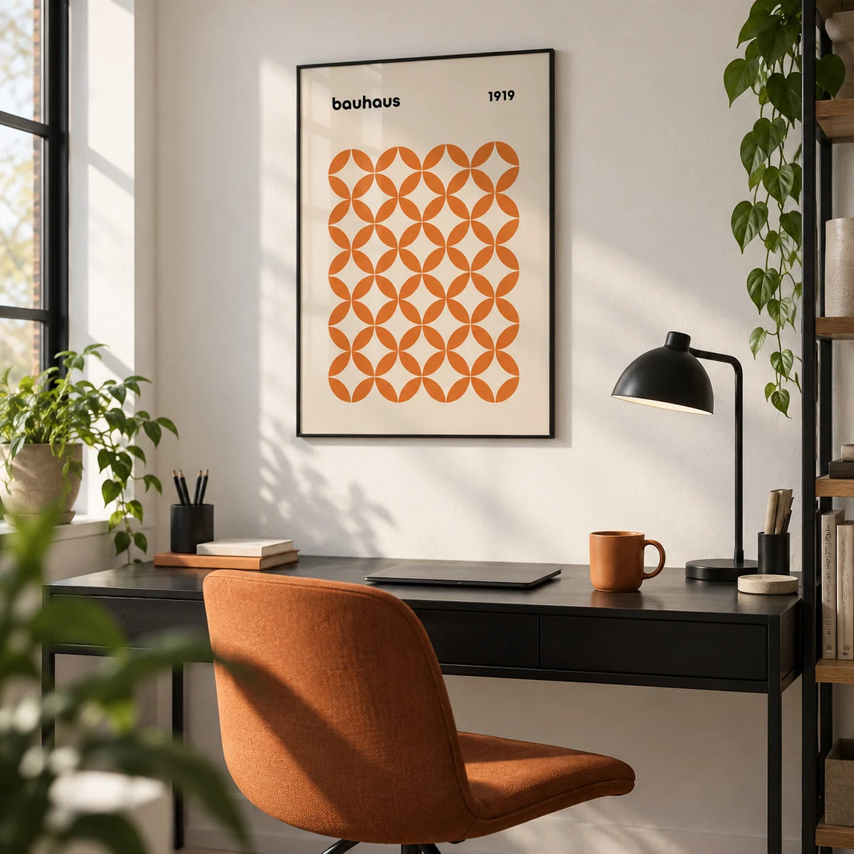 Orange Minimalist Print, framed on the wall of a modern home office with a white wall