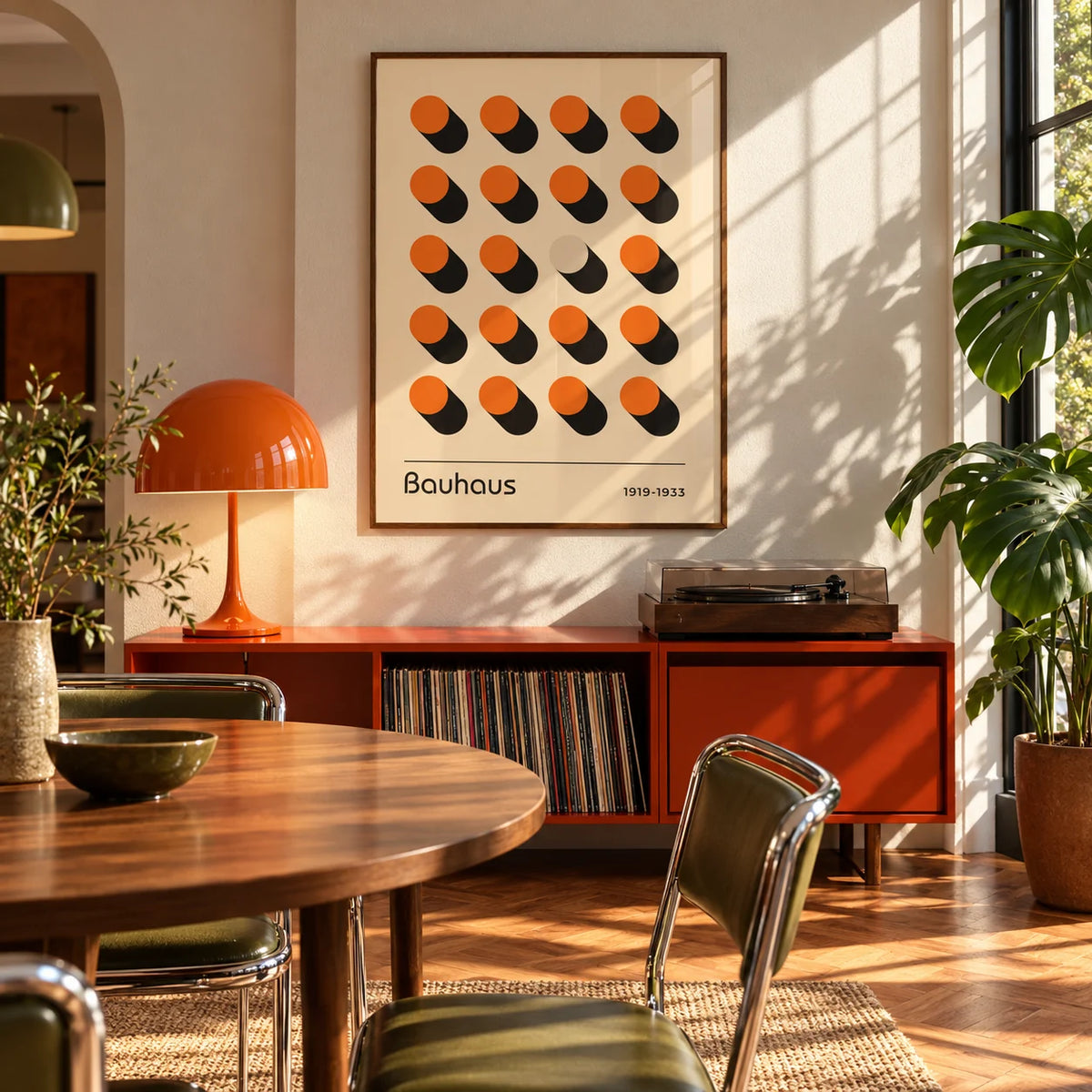 Orange Poster, framed on the wall of a mid-century dining room with a round walnut table