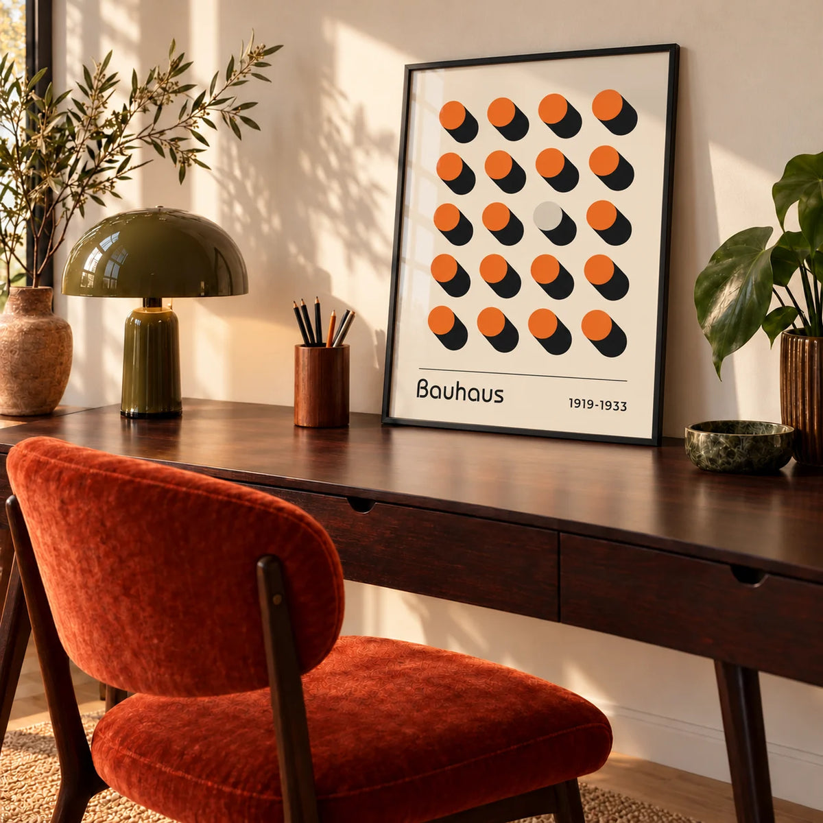 Orange Poster, a framed print leaning on a walnut desk in a mid-century home office