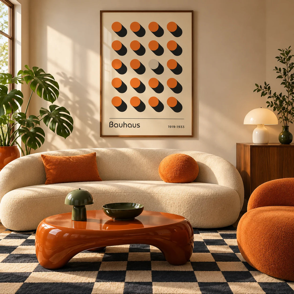 Orange Poster, framed on the wall of a mid-century living room with a curved cream sofa