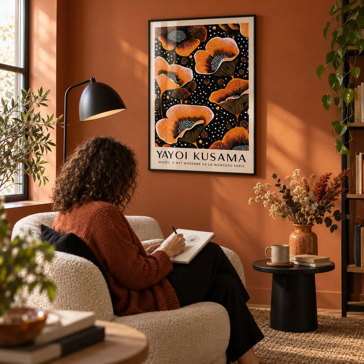 Orange Print, framed on the wall of a cosy reading corner with a burnt orange painted wall in a living room