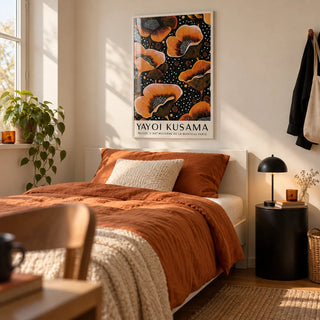 Orange Print, framed on the wall of a single bedroom for a young adult (18-25) with a warm white wall