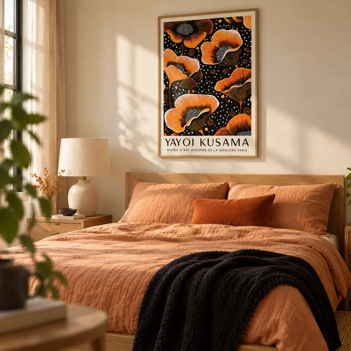 Orange Print, framed on the wall of a warm bedroom with a cream wall